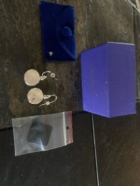 Polished Silver Disc Drop Earrings in Purple Box